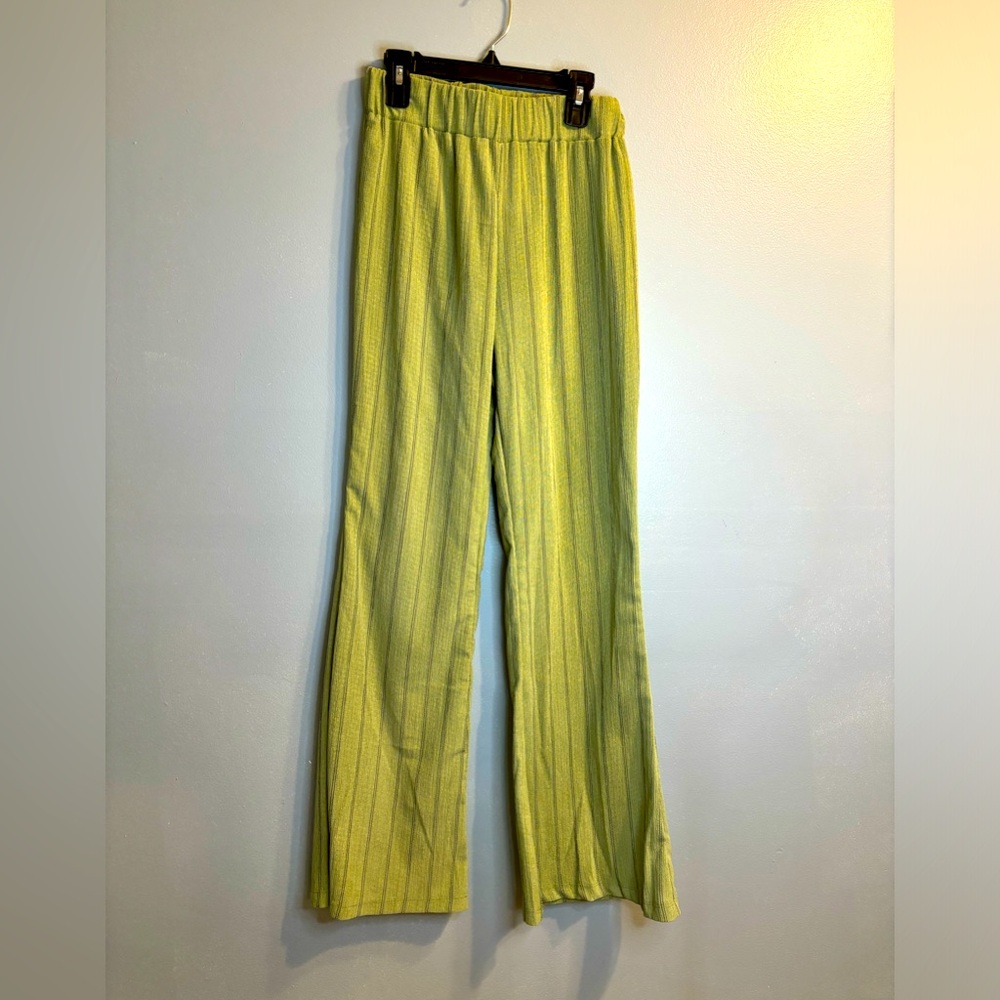 Green pinstriped flare pants